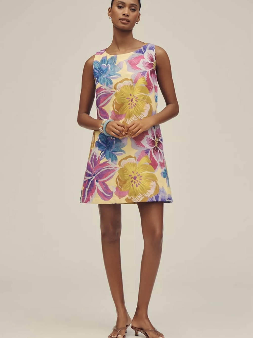 NWT Farm Rio Folk Floral Hibiscus Quilted Mini Dress Pockets Gold Purple S Small - Picture 3 of 4